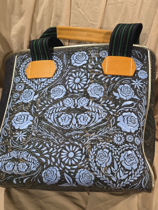 Consuela Handbags - Consuela Black Tote with Light Blue Floral Embroidery and Tan Accents